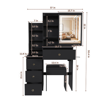 Contemporary Black Vanity Desk with LED Mirror, 4 Drawers & Open Storage, Outlet & Dryer Holder, Includes Dressing Chair