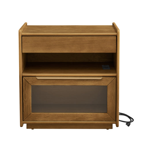 Mid Century Modern Nightstand with Charging Station & Outlet Hole & 2 Drawers, Farmhouse End Table with Open Shelf & Glass Drawer Dresser, Side Cabinet for Living Room Reception Room Dorm-Light Walnut