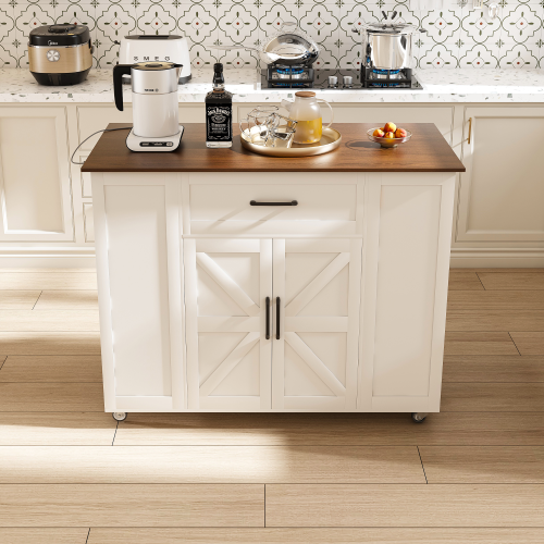 46 inch Kitchen Island on Wheels with Storage & Power Outlet - Movable Rustic Breakfast Bar Table, Wood Top with Adjustable Shelf & Drawer for Kitchen Dining Living Room, White