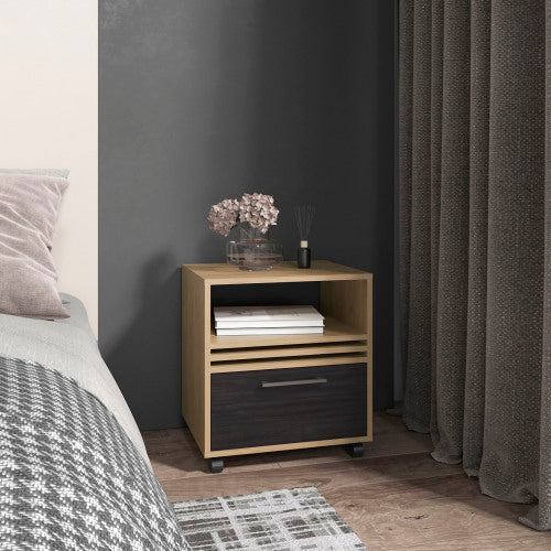 20inch High Mobile Nightstand, Natural Oak, 1 Drawer & Shelf with Casters