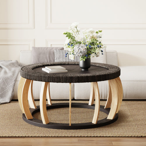 35.43inch  Vintage Rattan Round Coffee Table, Solid Wood Curved Leg Boho Table, Black Brown, 110lbs Capacity