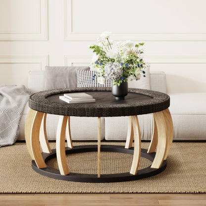 35.43inch  Vintage Rattan Round Coffee Table, Solid Wood Curved Leg Boho Table, Black Brown, 110lbs Capacity