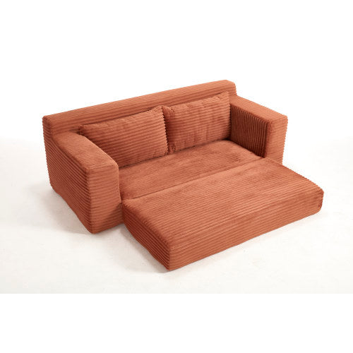 Orange Memory-Foam Convertible Loveseat Sofa-Bed Steel-Frame Corduroy No-Assembly Couch for Small Spaces