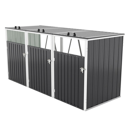 Garbage Bin Shed Stores 3 Trash Cans with Pneumatic Support Rod, with Lockable Doors & Waterproof Lid Chain, for Patio,Garden,Backyard,Grey