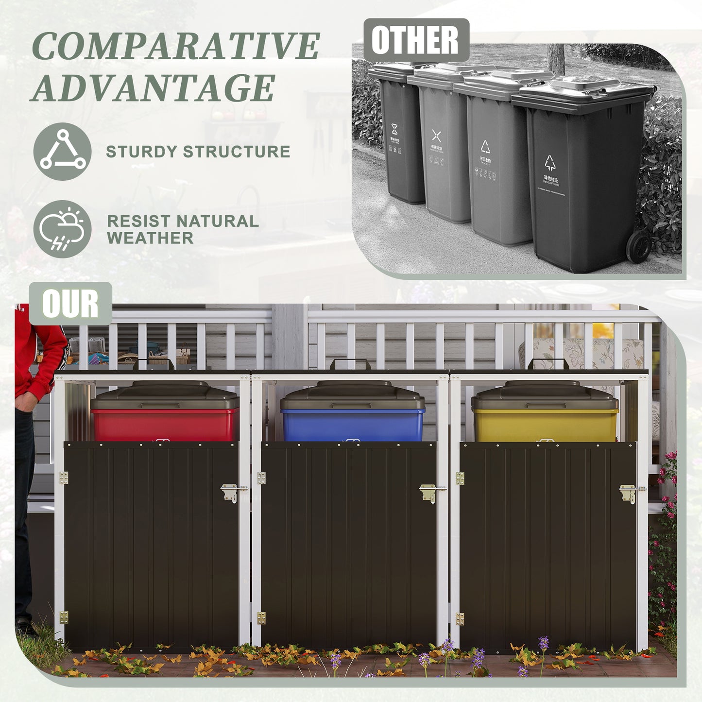 Garbage Bin Shed Stores 3 Trash Cans with Pneumatic Support Rod, with Lockable Doors & Waterproof Lid Chain, for Patio,Garden,Backyard,Grey