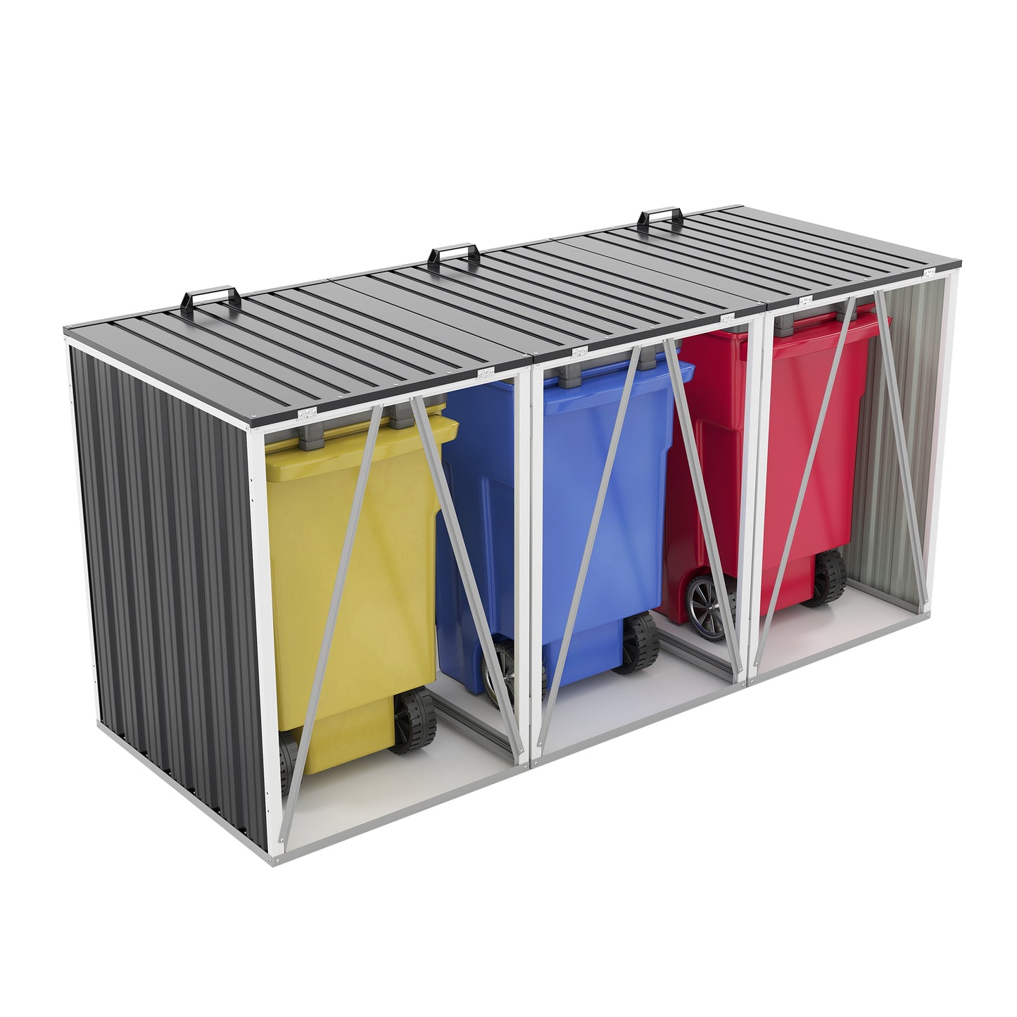 Garbage Bin Shed Stores 3 Trash Cans with Pneumatic Support Rod, with Lockable Doors & Waterproof Lid Chain, for Patio,Garden,Backyard,Grey