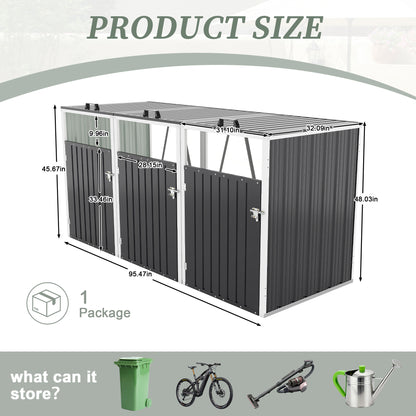 Garbage Bin Shed Stores 3 Trash Cans with Pneumatic Support Rod, with Lockable Doors & Waterproof Lid Chain, for Patio,Garden,Backyard,Grey