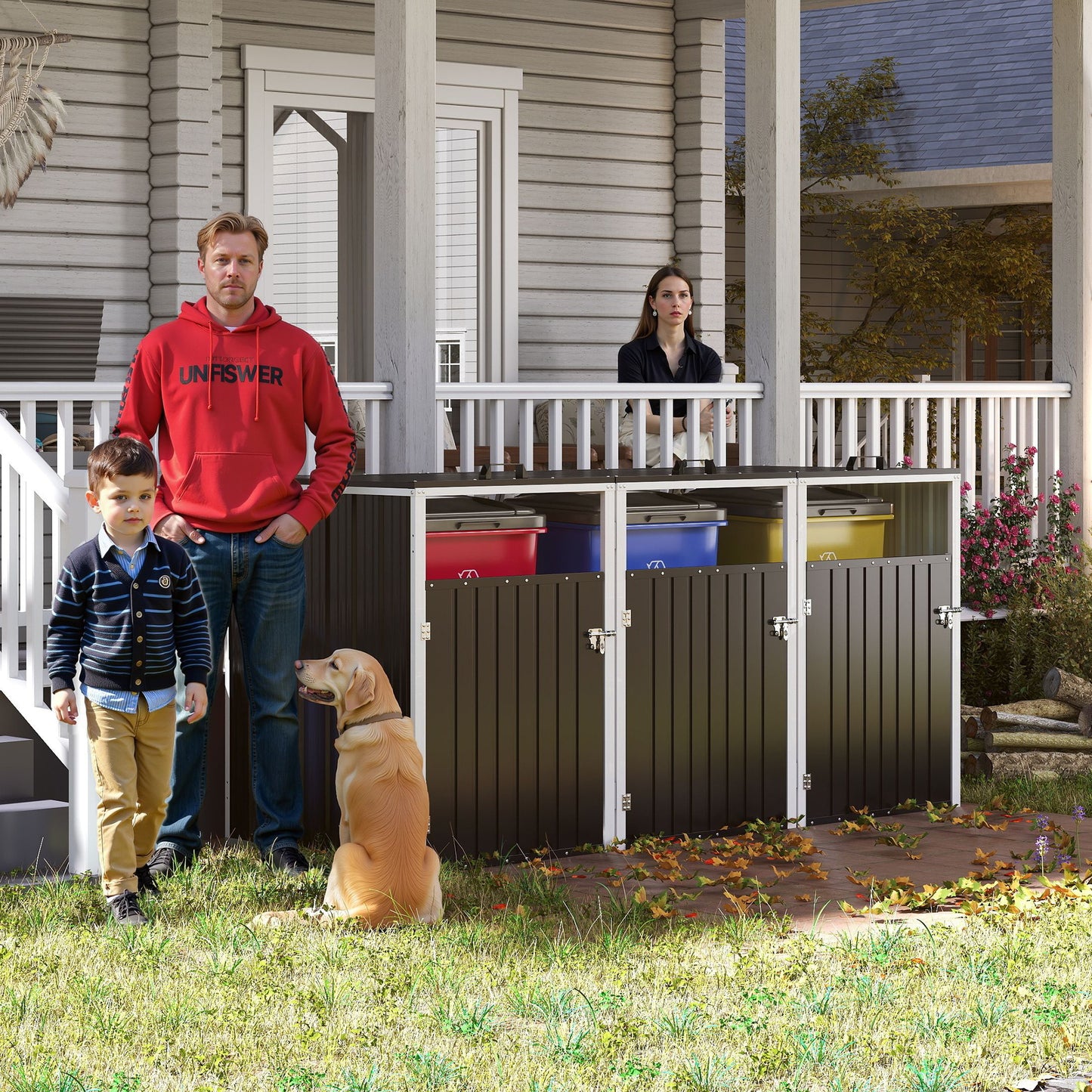 Garbage Bin Shed Stores 3 Trash Cans with Pneumatic Support Rod, with Lockable Doors & Waterproof Lid Chain, for Patio,Garden,Backyard,Grey