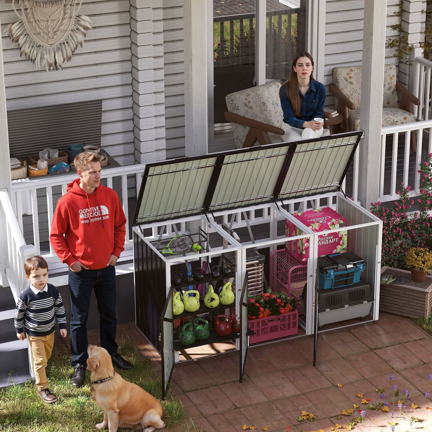 Garbage Bin Shed Stores 3 Trash Cans with Pneumatic Support Rod, with Lockable Doors & Waterproof Lid Chain, for Patio,Garden,Backyard,Grey