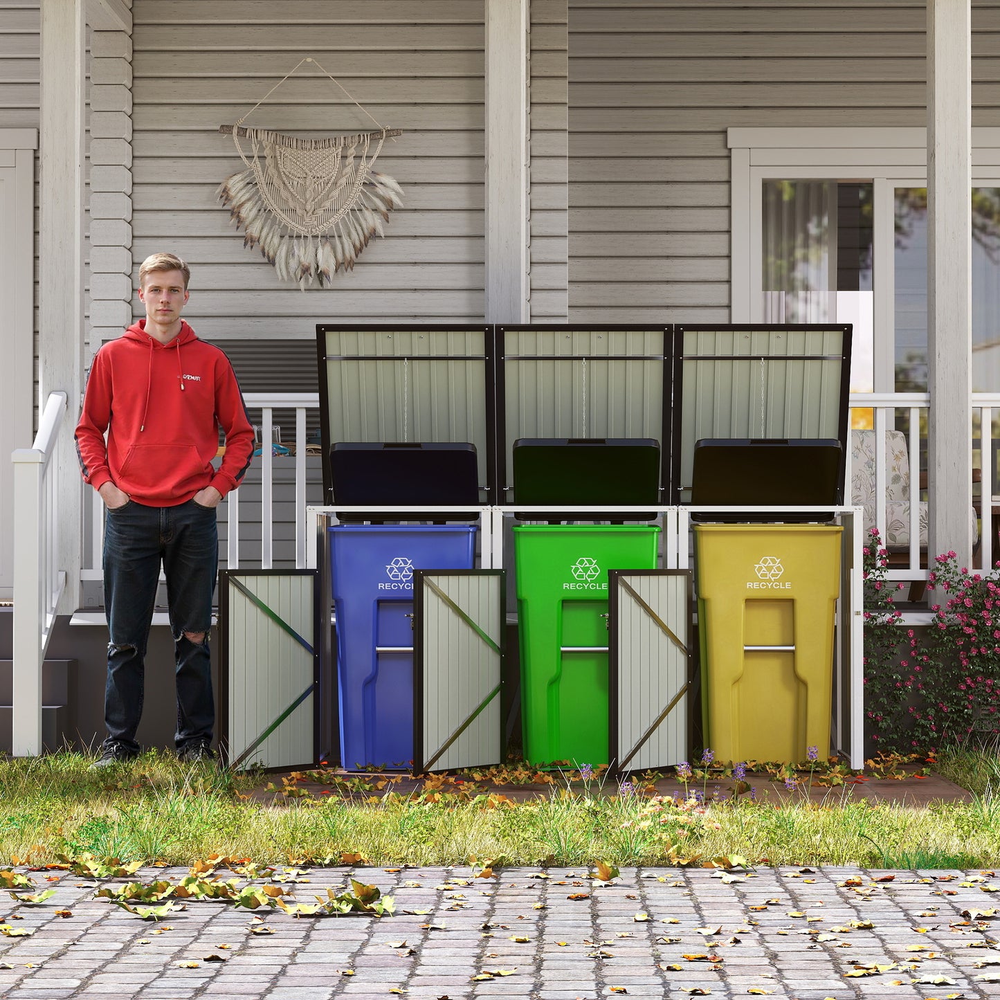 Garbage Bin Shed Stores 3 Trash Cans with Pneumatic Support Rod, with Lockable Doors & Waterproof Lid Chain, for Patio,Garden,Backyard,Grey