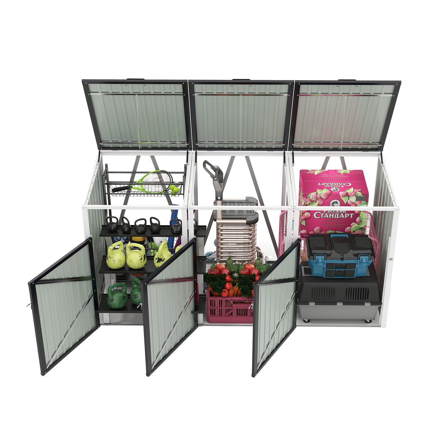 Garbage Bin Shed Stores 3 Trash Cans with Pneumatic Support Rod, with Lockable Doors & Waterproof Lid Chain, for Patio,Garden,Backyard,Grey