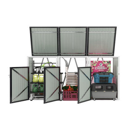 Garbage Bin Shed Stores 3 Trash Cans with Pneumatic Support Rod, with Lockable Doors & Waterproof Lid Chain, for Patio,Garden,Backyard,Grey