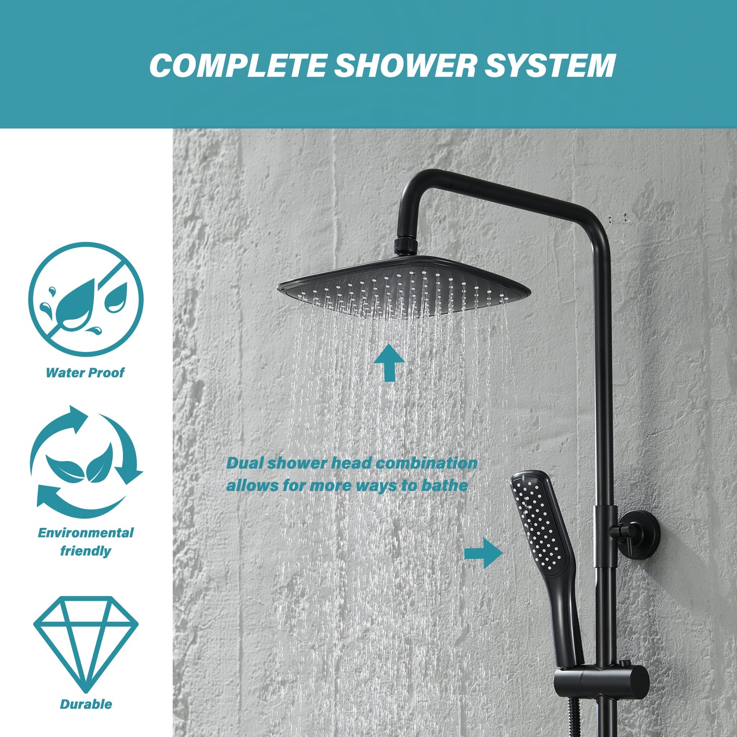 Modern Wall Bar Shower Kit 1-Spray 10 in. Square Rain Shower Head with Hand Shower in Matt Black