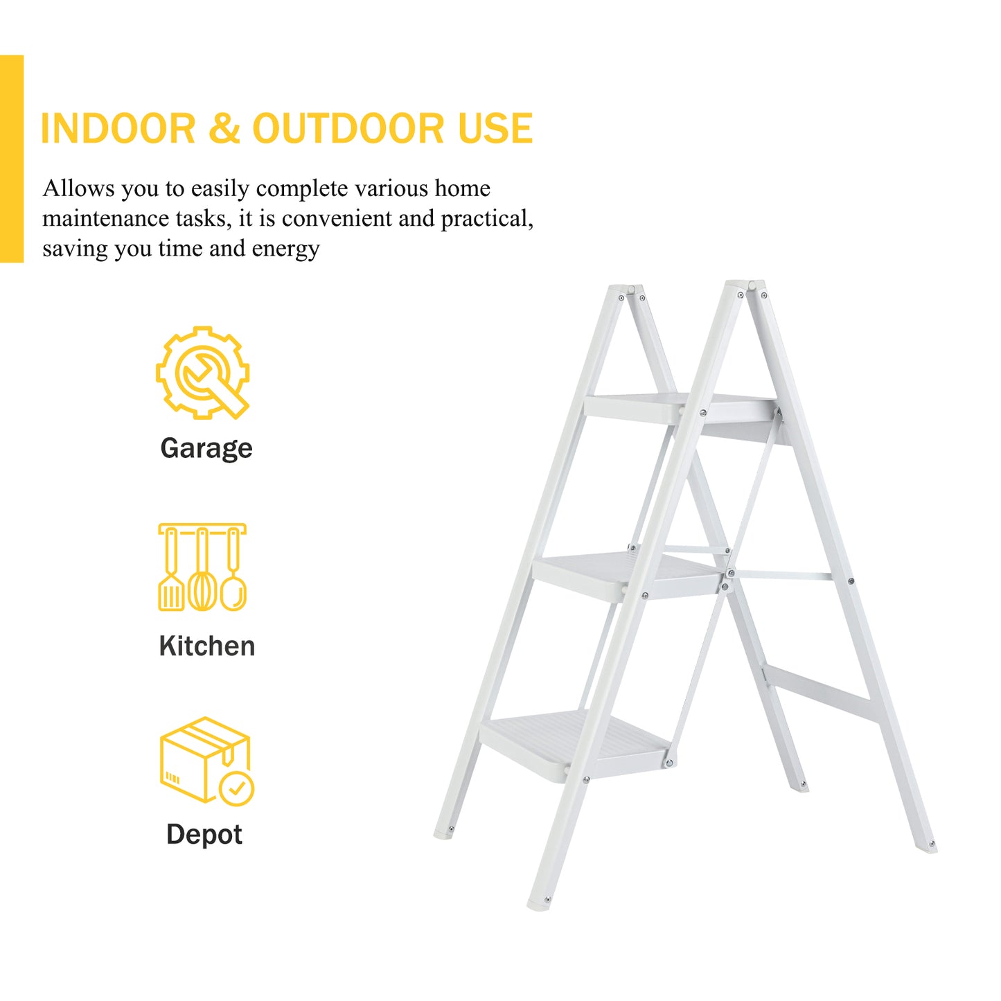 3-Step Iron Folding Step Stool Ladder 330 lbs. Load Capacity Type IA Duty Rating (5.38 ft. Reach Height), White Questions & Answers