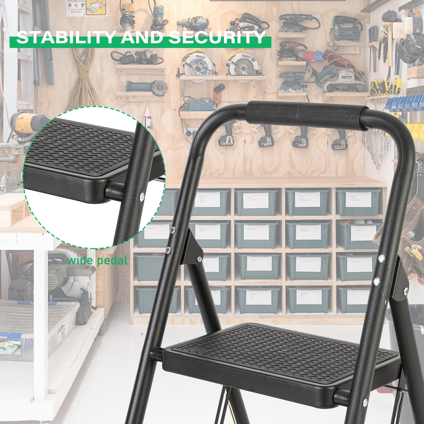 2-Step Black Iron Ladder Foldable Non-slip Outdoor Ladder Loading 330 lbs. for Home, Kitchen, Office