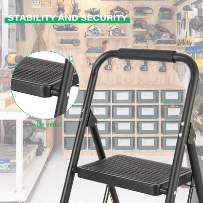 2-Step Black Iron Ladder Foldable Non-slip Outdoor Ladder Loading 330 lbs. for Home, Kitchen, Office