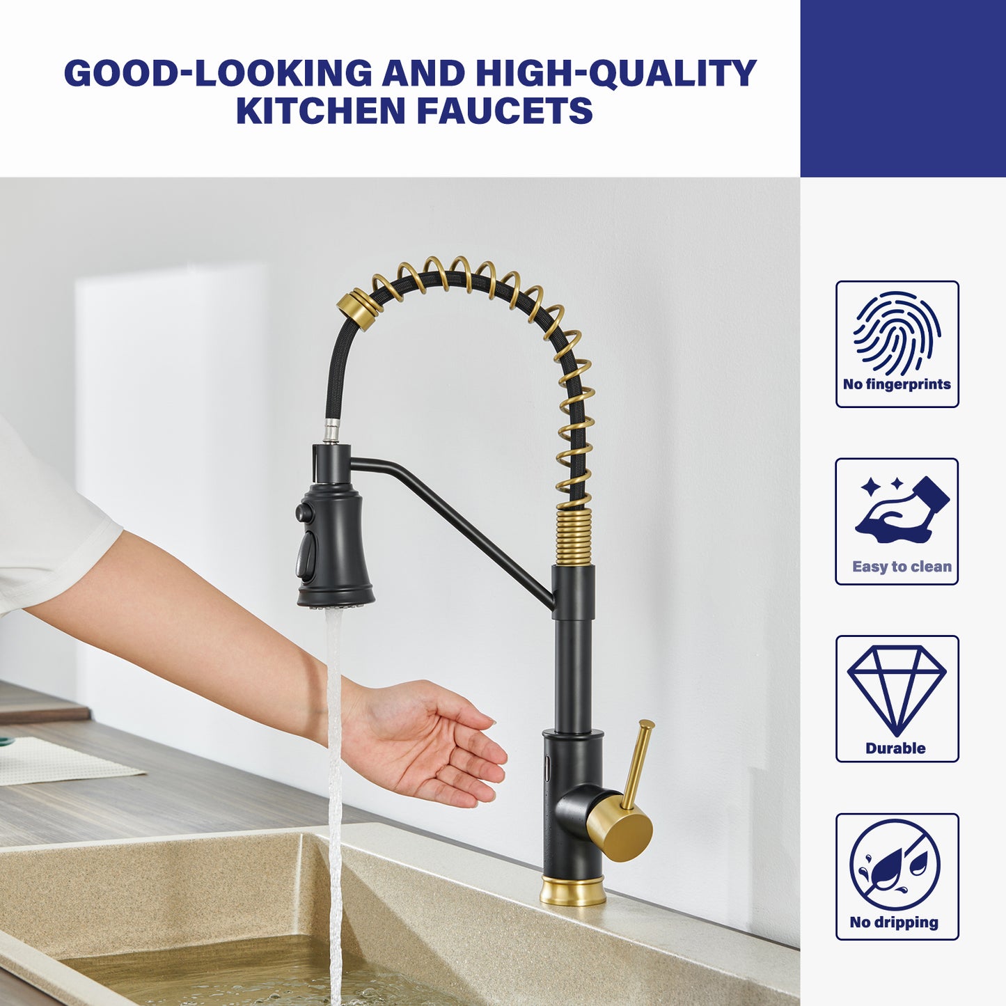 Single Handle Pull Out Sprayer Kitchen Faucet in Matte Black and Gold