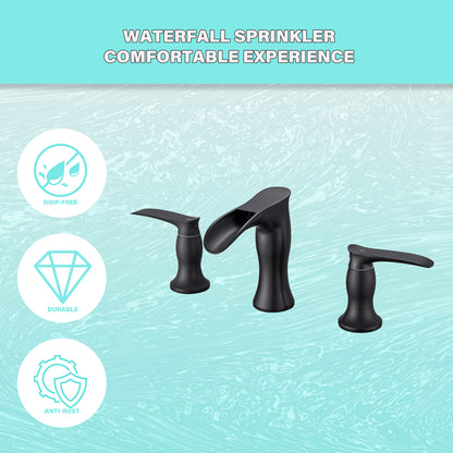 8 in. Widespread Waterfall 2-Handles 3-Holes Bathroom Faucet Lavatory Vanity Sink Faucet in Matte Black