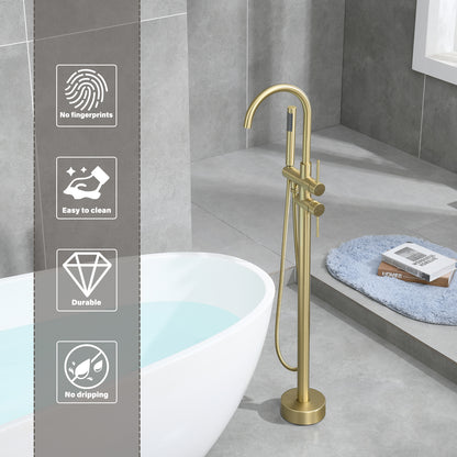 Single-Handle Free Standing Claw Foot Freestanding Tub Faucet with Handheld Shower in Brushed Gold