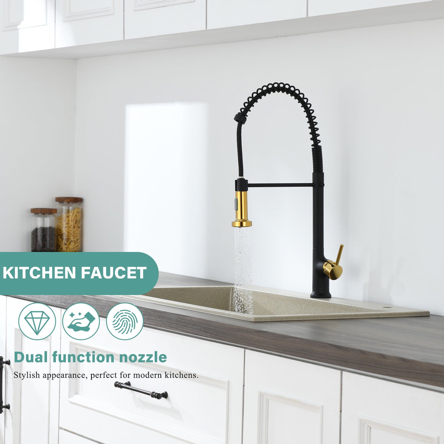 Single Handle Pull Down Sprayer Kitchen Faucet in Matte Black Gold