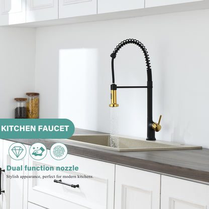 Single Handle Pull Down Sprayer Kitchen Faucet in Matte Black Gold