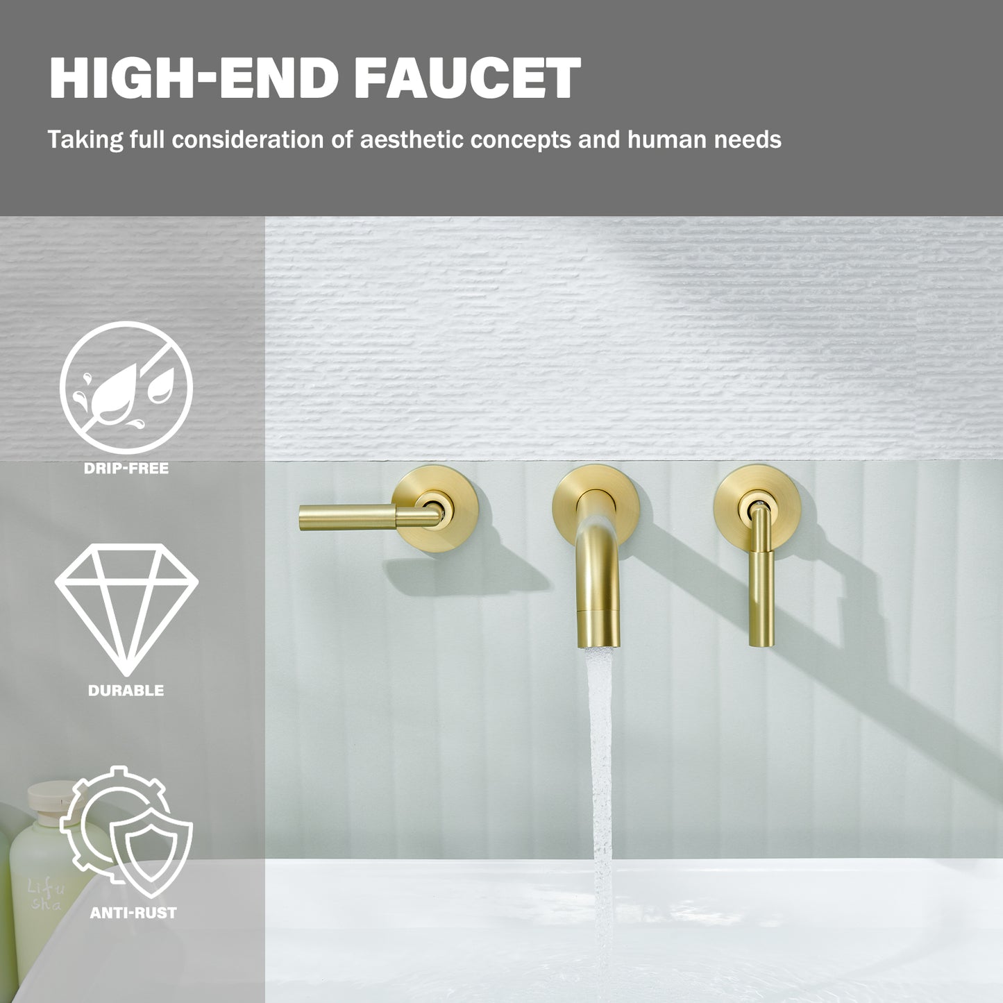 3-Hole 2-Handles Brass Wall-Mount Bathroom Faucet in Brushed Gold
