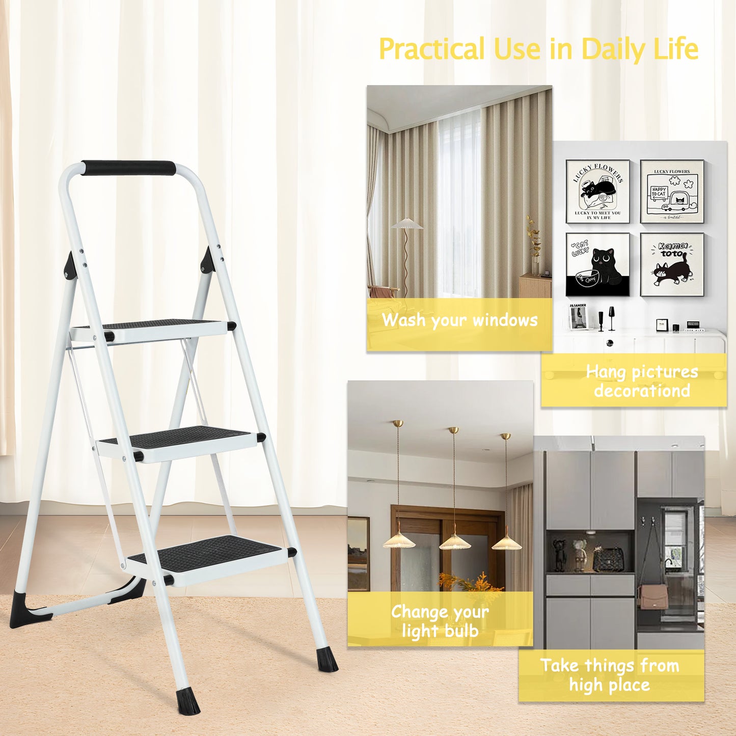 3-Step white Iron Ladder Foldable Non-slip Outdoor Ladder Loading 330 lbs. for Home, Kitchen, Office