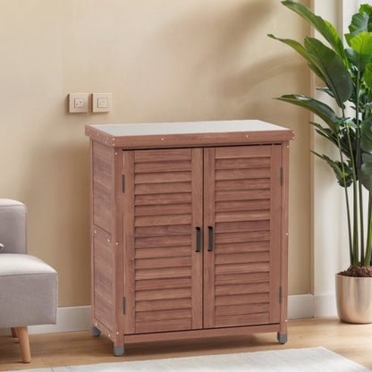 Potting Bench with Storage Cabinet and Metal Table Top for Outdoor Patio, Garden Furniture Wood Workstation Coffee 31.5x17x36''