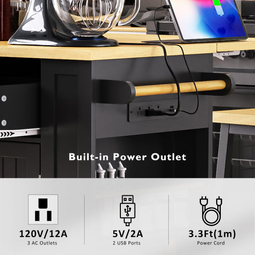 48inch Kitchen Island with 2 Bar Stools, Power Outlet, Internal Storage Rack, Kitchen Storage Cart on 5 Wheels with Drop Leaf, 5 Open Side Racks, Drawers, Black (Old SKU N707S000015B)(Three Packages)