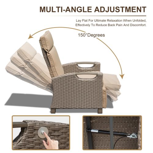 Outdoor Recliner Chair, Patio Recliner with Hand-Woven Wicker, Flip Table Push Back, Adjustable Angle, Thickness Cushions, Reclining Lounge Chair for Indoor and Outdoor, Beige