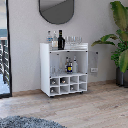 Bar Cart with Built-In 8-Bottle Rack, Double Glass Door Cabinet, and Aluminum-Edged Top Surface