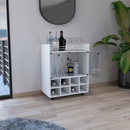 Bar Cart with Built-In 8-Bottle Rack, Double Glass Door Cabinet, and Aluminum-Edged Top Surface