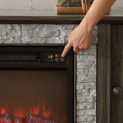 58 Inch Grey Faux Stone Electric Fireplace Media Console 18 inch Heater TV Stand for 65 Inch TV