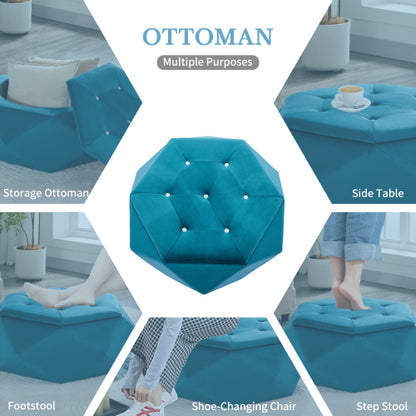 Blue Velvet Polygon Diamond Tufted Storage Ottoman, 34 inchL Lift Top Footrest with Hidden Storage Space