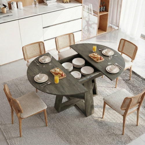 Extendable Round Dining Table for 4-8, Modern Oval Kitchen Table with Storage Shelf, Gray