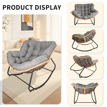 Larger Outdoor Rocking Chair, Patio Egg Rocking Chair, Indoor Papasan Chair, Rattan Wicker Lounge Chair, Modern Royal Chair for Bedroom, Living Room, Porch, Garden,Lawn-Dark Grey