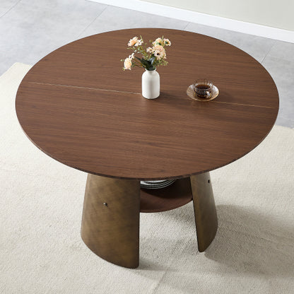 Retro Round Dining Table with Storage Layer, Walnut