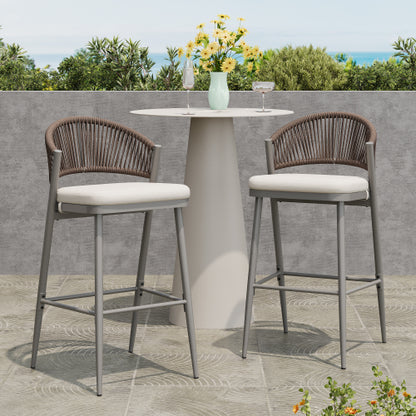 Outdoor 30.25" Seat Height Metal Frame Barstools with PE Rattan Scallop-shaped Backrest, Set of 2, Matte Grey