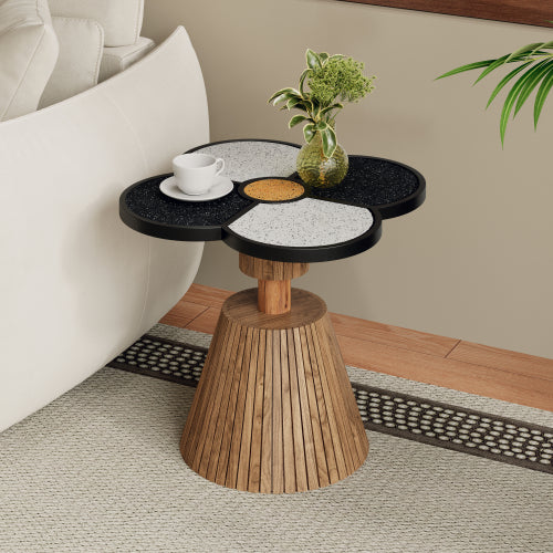 Four-Leaf Clover Decorative Side Table, Stone Texture Top Wood-Grain Base Accent Table