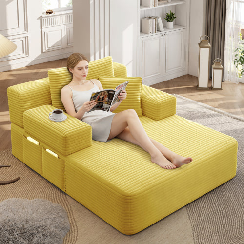 Oversized Yellow Corduroy Convertible Sofa Bed w/Storage Pockets