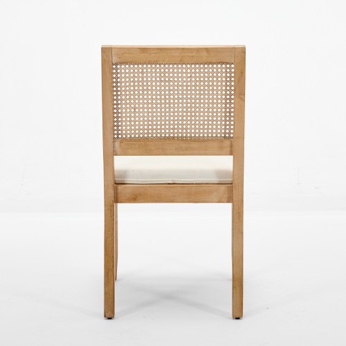 Set of 2 Beige Farmhouse Cane Rattan Dining Chairs, Distressed Solid Hardwood Frame Linen Upholstered Side Chairs 300 LBS Load