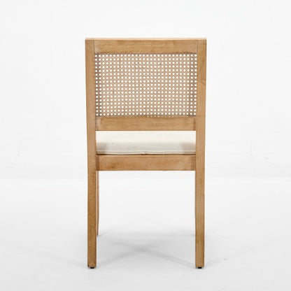 Set of 2 Beige Farmhouse Cane Rattan Dining Chairs, Distressed Solid Hardwood Frame Linen Upholstered Side Chairs 300 LBS Load