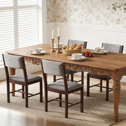 Set of 4 Walnut Rubberwood Dining Chairs, Gray Linen Upholstered Kitchen Chairs with H-Support Frame