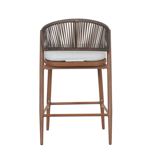 Outdoor 26" Seat Height Aluminum Frame Counter Stools with PE Rattan Scallop-shaped Backrest, Set of 2, Teak Finish