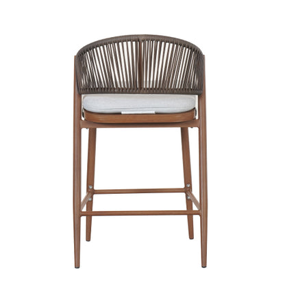 Outdoor 26" Seat Height Aluminum Frame Counter Stools with PE Rattan Scallop-shaped Backrest, Set of 2, Teak Finish