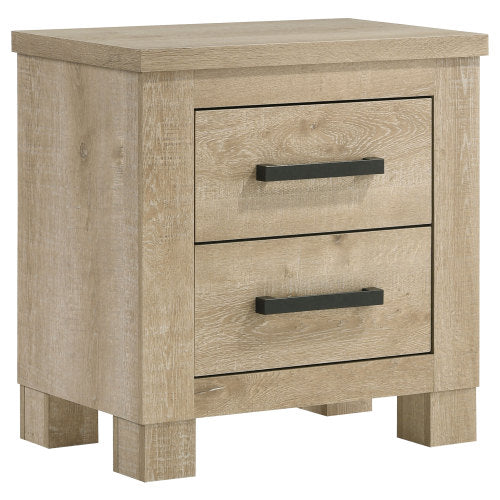 Weathered Oak 2-Drawer Farmhouse Nightstand, Engineered Wood Bedside Table with Dark Bronze Pulls