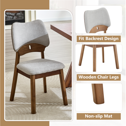 Set of 2 Walnut Solid Wood Dining Chairs, Hollow Out Curved Back Chairs with Gray Fabric