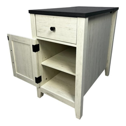 Farmhouse End Table Bedside Table with Charging Station,Night Stand with Barn Door and Drawer, Storage for Bedroom Living Room ,Bedside Table,  White+Black color