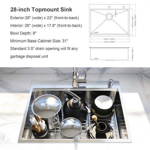 28 x 22 Drop In Stainless Steel Workstation Sink, 28 Inch 18-Gauge Stainless Steel Drop-In Kitchen Sink, Handmade Single Bowl Workstation R10 Rounded Corner kitchen Sink with Accessories