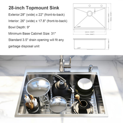 28 x 22 Drop In Stainless Steel Workstation Sink, 28 Inch 18-Gauge Stainless Steel Drop-In Kitchen Sink, Handmade Single Bowl Workstation R10 Rounded Corner kitchen Sink with Accessories